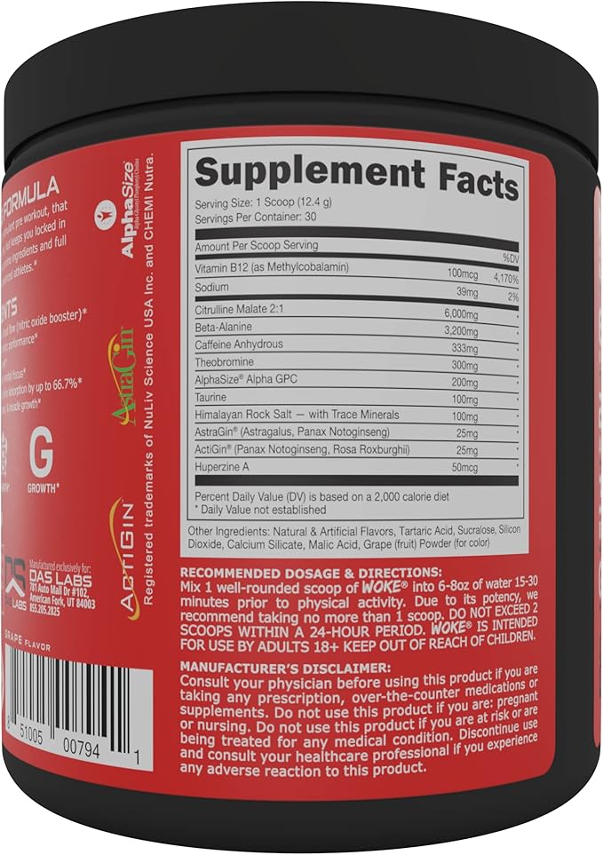 Bucked Up - Woke - HIGH STIM Pre Workout - Best Tasting - Focus Nootropic Pump Strength and Growth 30 Servings (Grape)