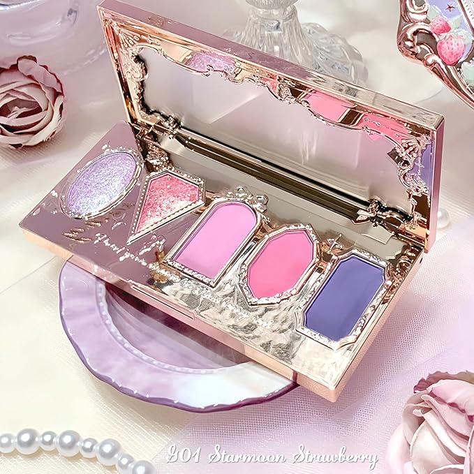 Flower Knows Violet Strawberry Rococo Eyeshadow PalettePurple Pink Makeup Palette with 3 Matte + 2 Shimmer ShadesBlendable Smooth Cute Eye Makeup0.21 Oz(Starmoon Strawberry)
