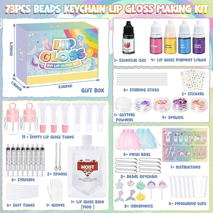 Jcoos Lip Gloss Making Kit - Keychain DIY Lip Gloss Set for Teens Kids DIY Lipgloss Making Kit Make Your Own Lip Gloss Kit Moisturizing Glitter Keychain Kids Gifts Tweens Girls Christmas 10-12