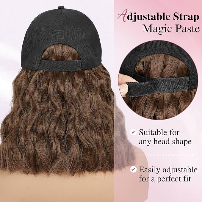 HANYUDIE Hat Wig for Women Wig Cap with Curly Hair Extensions Hat with Hair Wave Adjustable Baseball Cap Wigs
