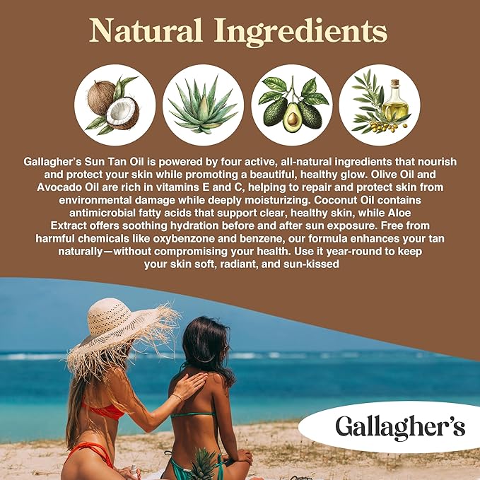 Gallagher's Natural Sun Tan Oil with Aloe Olive Coconut and Avocado Oil. 8 oz