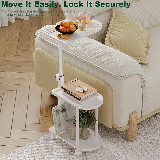 Bamboo 3-Layer Bathtub Tray Stand Freestanding Rotating Caddy with Adjustable Height Decorative Bathroom Shelf &amp Indoor Plant Stand Spa Organizer for Tub Side Use Vintage White