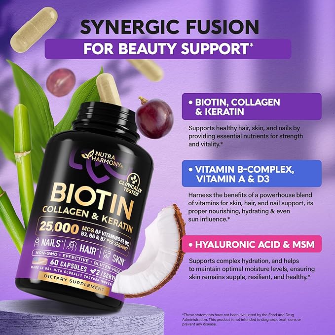 Biotin | Collagen | Hyaluronic Acid | Keratin - Clinically Tested Supplement** - Hair Growth Support Skin &amp Nails - 25000mcg Vitamins B1 B2 B3 B6 &amp B7 - for Women &amp Men - Made in USA |