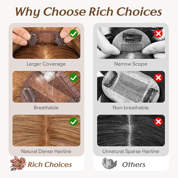 Rich Choices Real Human Hair Toppers for Women 3D Cover Clip in Bangs 100% Remy Human Clip in Silk Base Hair Topper with Bang for Thinning 150% Density 14 Inch #6 Light Brown