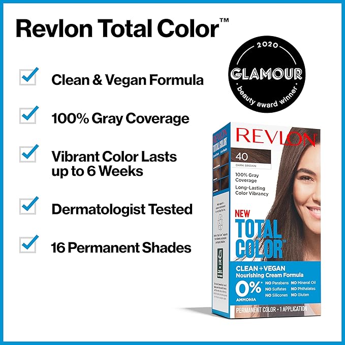 Revlon Permanent Hair Color Permanent Hair Dye Total Color with 100% Gray Coverage Clean &amp Vegan 63 Light Golden Brown 3.5 Oz