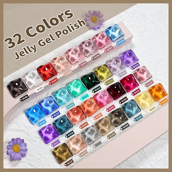 JODSONE Jelly Gel Nail Polish Kit 32 Classic Colors Crystal Transparent High Shine Base &amp Top Matte Glitter Coat