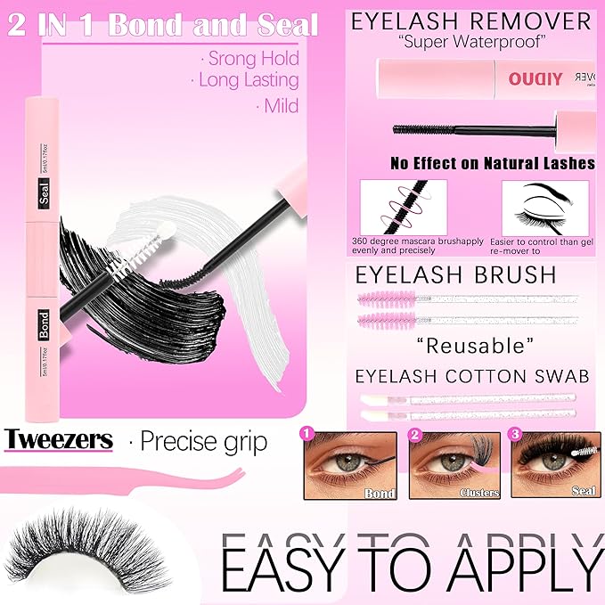 8 Styles Mix Lashes Clusters Kit 4 Box Cluster Lash Book Kit with Bond&ampSeal 1888Pcs 100D/200D/300D Volume Manga Eyelash Extension with Spikys/Bottom lash Kit for Beginners DIY at Home Easily