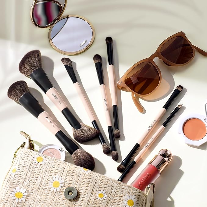Jessup Makeup Brushes Set 7pcs Double Sided Makeup Brushes for Foundation Concealer Blush Eyeshadow Contour Bronzer Powder Blending Eyebrow Eyeliner Cruelty-Free Make up Brushes Peach Dust T600