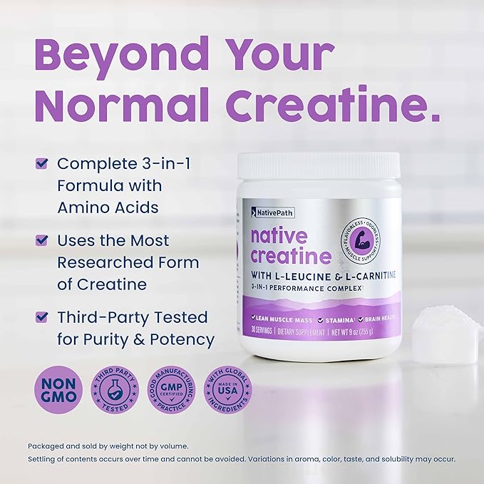 NativePath Creatine Monohydrate Powder with L-Leucine &amp L-Carnitine - Muscle Building Supplement for Men &amp Women - 30 Servings