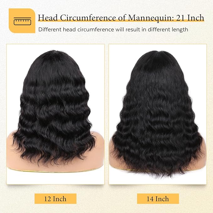 WIGNEE 100% Virgin Human Hair Loose Deep Wave Wigs with Bangs Brazilian Human Hair Wave Wig for Women Natural Black (12 Inch)