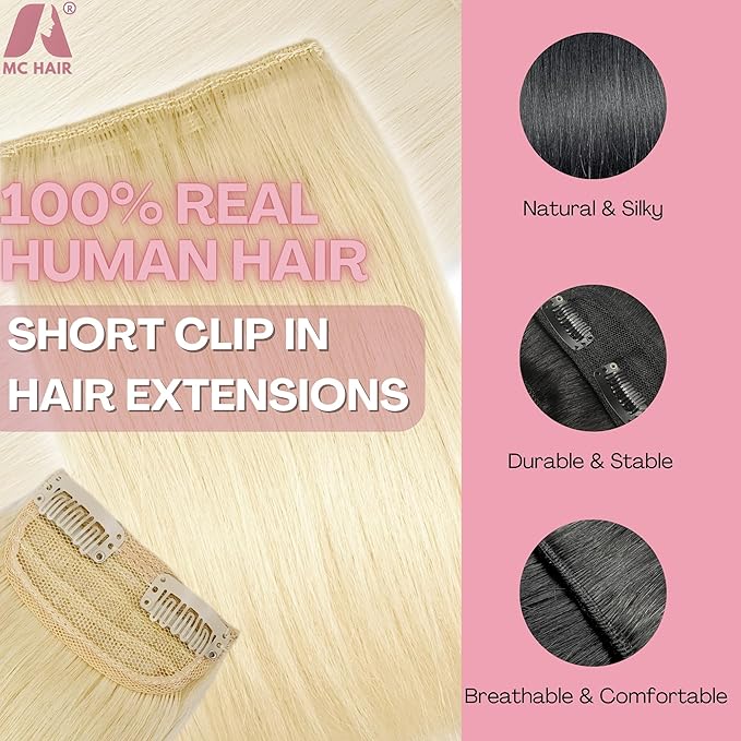 2 Pcs Short Hair Extensions Human Hair Clip in Extensions for Women Adding Volume 10 Inch Platinum Blonde