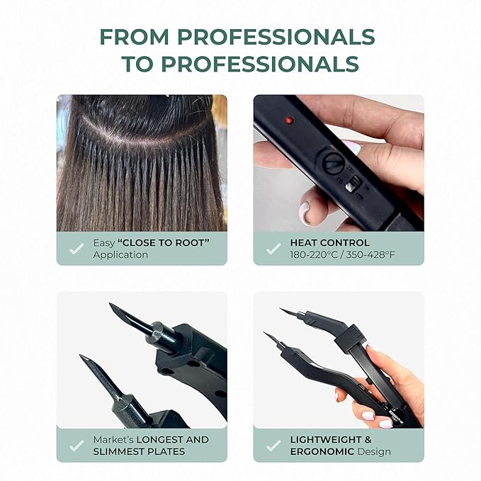 Professional Keratin Fusion Tool for Hair Extensions ? Slim Long Heating Plates Adjustable Temperature Rapid Heat-UP Seamless Fusion Root Access Salon-Quality Keratin Glue Gun (Black)