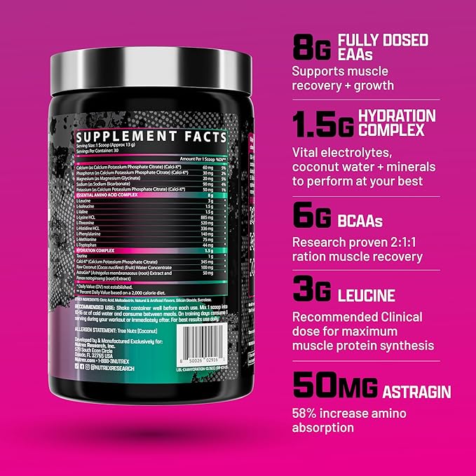 Nutrex Research EAA Hydration | EAAs + BCAA Powder | Muscle Recovery Strength Muscle Building Endurance | 8G Essential Amino Acids + Electrolytes | Strawberry Watermelon 30 Serving