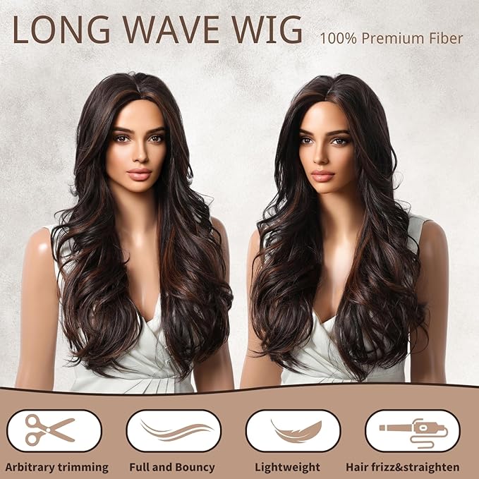Brown Highlight Wig 26 Inch Long Wavy Wigs for Women Middle Part Synthetic Hair Wavy Wig with Upgraded StrandsNatural Hair Wig for Daily Party Date Use