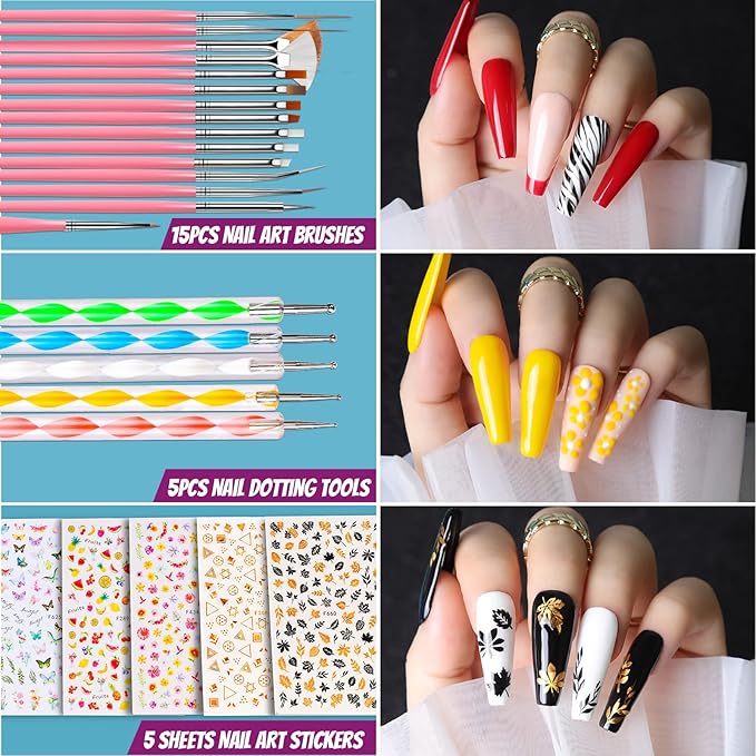 Teenitor Acrylic Fake Nails Kit Press On Nail Supplies with Clear Coffin Nail Tips Nail Stand Nail Art Brushes Dotting Pen Glitter Sequins Sticker Rhinestones Nail Decorations Press On Nails Kit