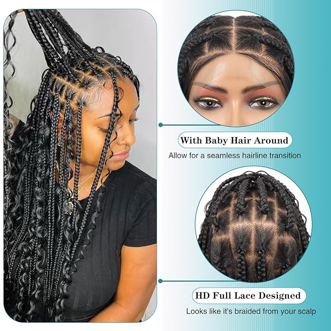 Kalyss HD Full Lace Boho Braided Wigs for Women 360 Lace Front Box Braided Wigs with Baby Hair Black Premium Synthetic Knotless Braid Wig 36