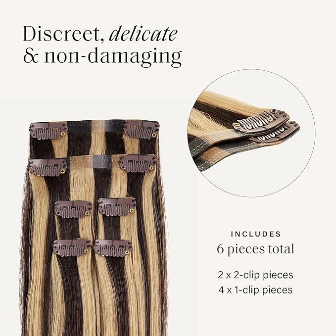 Luxy 100% Remy Human Hair Extensions for Thin Hair Thinning Hair Fill-Ins ? 6 Seamless Wefts Multi-Dimensional Color Blend - Natural-Looking Volume &amp Coverage 80 grams 16 Mocha Brown Highlights