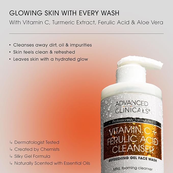 Advanced Clinicals Exfoliating Glycolic Acid &amp Salicylic Acid Face Wash + Hydrating Vitamin C Facial Cleanser 2pc AM/PM Skin Care Set For Women &amp Men To Gently Exfoliate &amp Cleanse Dirt &am