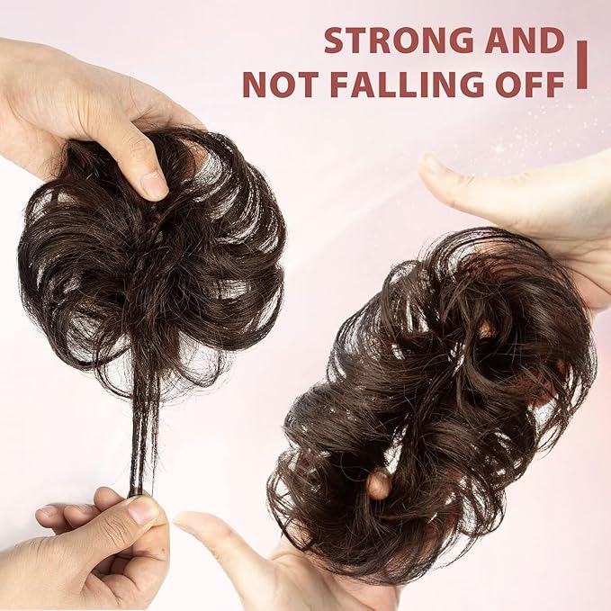 1 PCS Messy Bun Hair Piece Real Human Hair Thick Updo Wavy Curly Chignon Ponytail Hair Extensions Hair Bun Hairpieces for Women Girls (#04 Medium Brown)