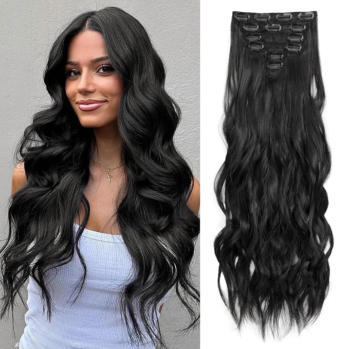 Clip in Hair Extensions for Women Natural Black Extensions 24 Inch 6PCS Hairpieces Long Wavy soft Thick Hair Extensions clip ins