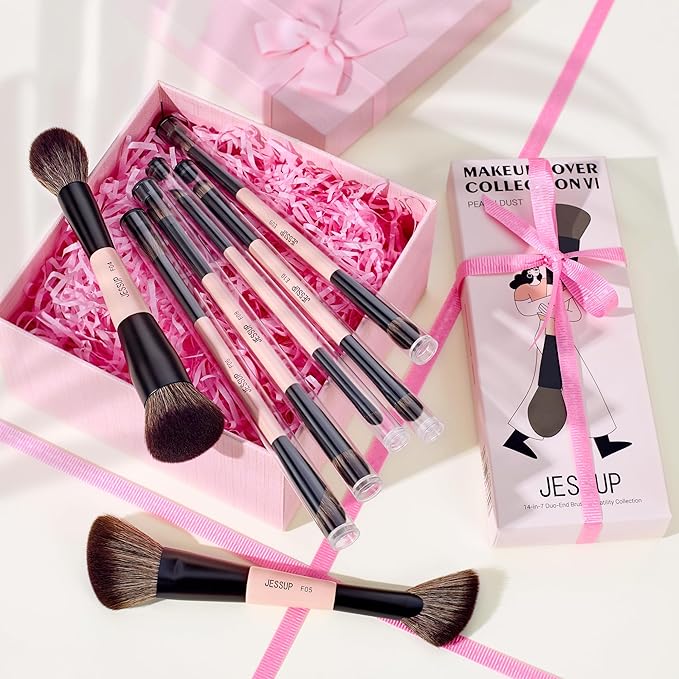 Jessup Makeup Brushes Set 7pcs Double Sided Makeup Brushes for Foundation Concealer Blush Eyeshadow Contour Bronzer Powder Blending Eyebrow Eyeliner Cruelty-Free Make up Brushes Peach Dust T600