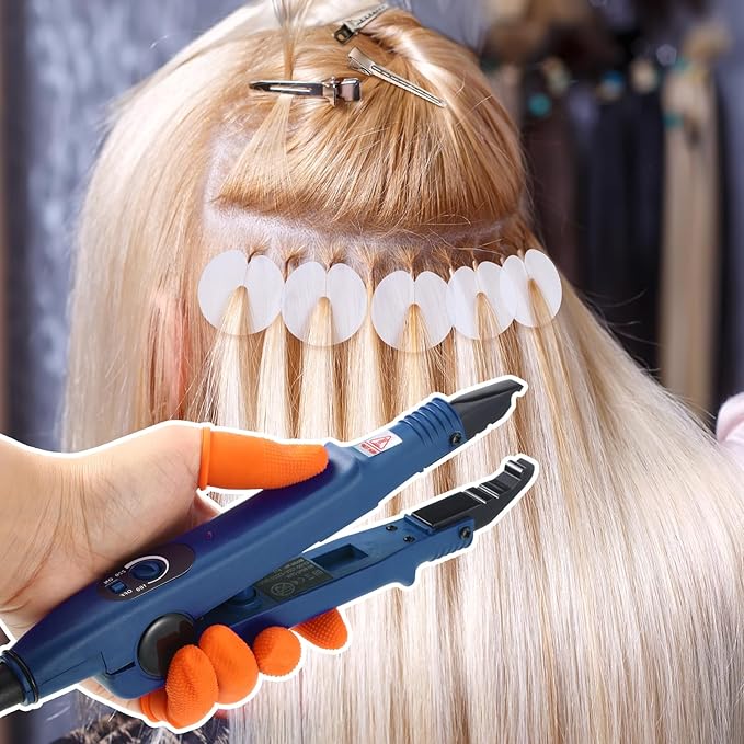 Hair Extensions Iron Fusion Keratin Hair Extensions Heat Tool Heat Connector Wand with Fusion Glue Protector Template Hair Clip Finger Protector 2 Bag Keratin Glue Granule Bead(Blue)