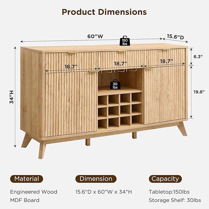 OKD 60 Fluted Buffet Cabinet with Storage - 3 Drawers and 2 Doors Mordern Wine &amp Coffee Bar Cabinet with Wine and Glass Racks Sideboard with Adjustable Shelves for Kitchen Dining RoomNatural