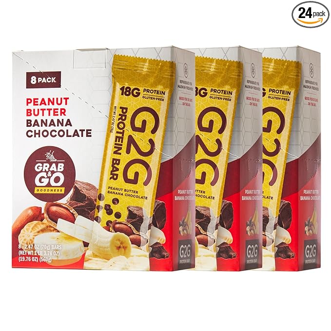 G2G Protein Bar Peanut Butter Banana Chocolate Healthy Snack Delicious Meal Replacement Gluten-Free Clean Ingredients Refrigerated for Freshness 24 Count (3 Packs of 8)