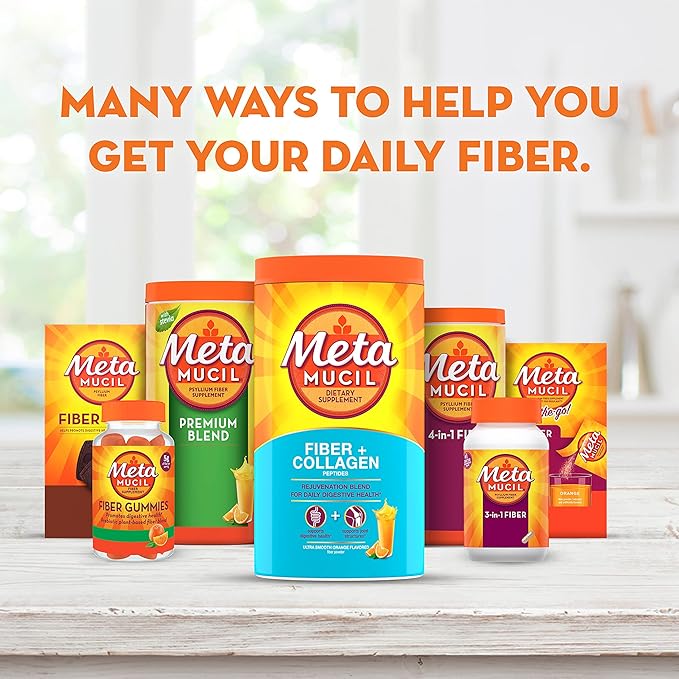 Metamucil Daily Fiber + Collagen Psyllium Husk Powder Plant Based Fiber Supplement Sugar-Free with Stevia 3-in-1 Fiber Supplement for Digestive Health Orange Flavored 90 Doses