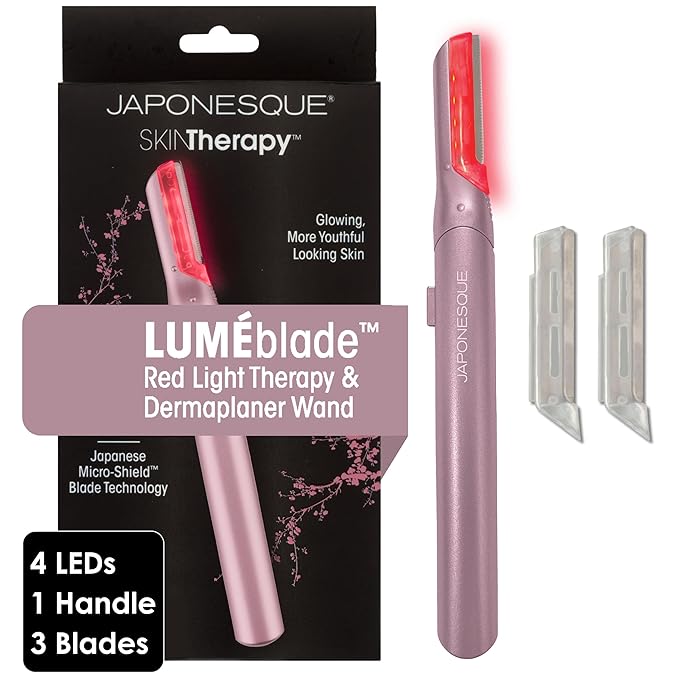 JAPONESQUE SKINTherapy LumeBlade Facial Dermaplane Razor with Soothing Red Light Therapy at the Blade Includes 2 Replacement Blades