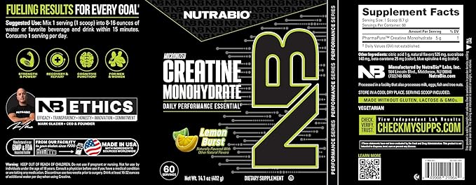 NutraBio Pure Micronized Creatine Monohydrate Powder Supplement Lemon Burst (300 g) - Supports Bulk Muscle Energy Recovery and Strength - HPLC Tested Creatine Powder Supplement for Men and Women