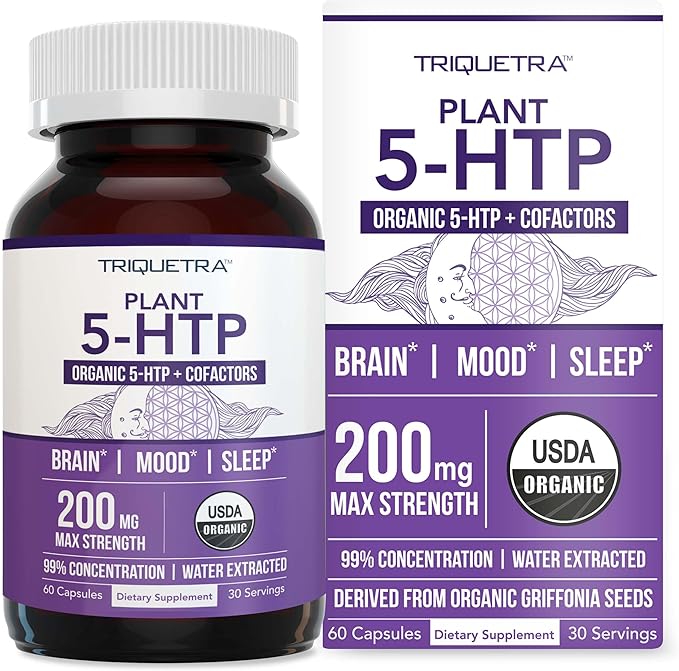 Organic 5-HTP - 200 mg | 99% 5HTP Concentration Plus Cofactor Vitamin B6 &amp Lion?™s Mane | Water Extracted from Organic Griffonia Seeds | Supports Mood Cognition &amp Sleep (60 Capsules | 30 Serv