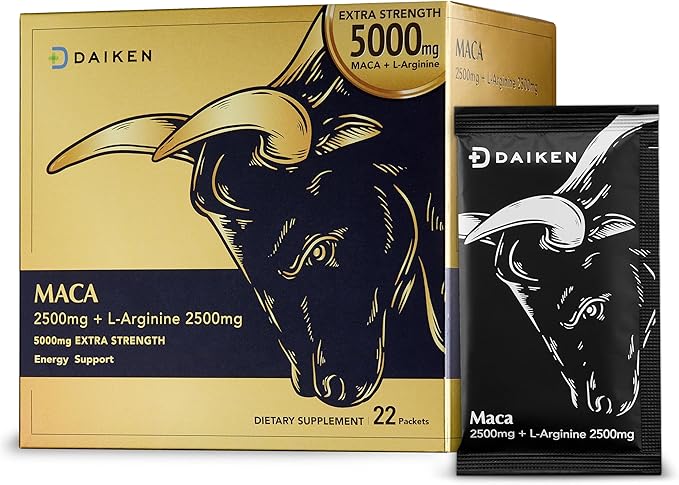 DAIKEN Peruvian Maca Root Powder Extra Strength 15000 mg Gelatinized Black Red Yellow Maca Blend with L-Arginine (2500 mg) for Men and Women Superior Absorption Vegan Lab Tested - 22 Packets