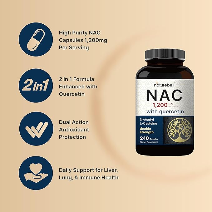 NatureBell NAC Supplement 1200mg Per Serving | 240 Capsules N-Acetyl Cysteine with Quercetin | Double Strength - Support for Immune Liver &amp Lung Health