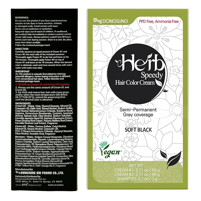 Dongsung Herb Speedy Color Cream (Soft Black 3 Pack) PPD-Free Ammonia-Free Vegan Gray Coverage Hair Dye with Sun Protection Odorless Gentle for Sensitive Scalp No Eye or Scalp Irritation