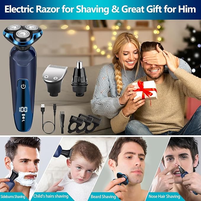 Electric Razors for Men ? 3D Head Shavers Wet &amp Dry Cordless Shaver IPX7 Waterproof with Beard/Nose Trimmer &amp Face Cleaning Brush Men?™s Shaving Kit Ideal Gift for Men