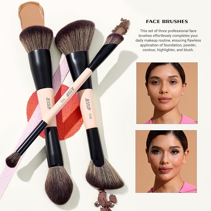 Jessup Makeup Brushes Set 7pcs Double Sided Makeup Brushes for Foundation Concealer Blush Eyeshadow Contour Bronzer Powder Blending Eyebrow Eyeliner Cruelty-Free Make up Brushes Peach Dust T600