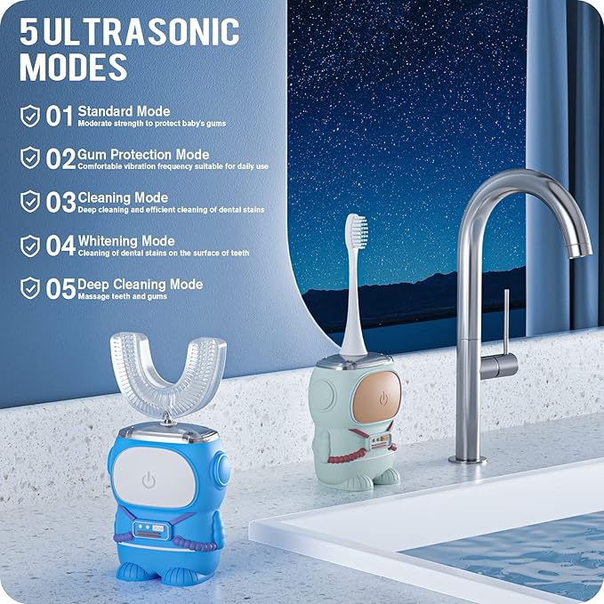 Ultrasonic Kid's U-Shaped Electric Toothbrush IPX7 Waterproof Five Cleaning Modes 60S Smart Reminder (Cartoon Astronaut Green Ages 2-6)