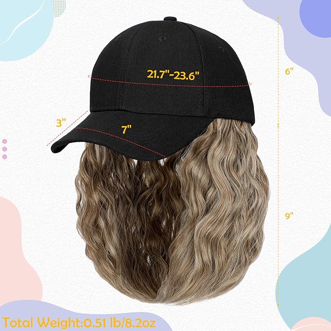 Baseball Hat WigHat with Hair attached 16'' Adjustable Black Cap with Wavy Curly Synthetic Bob Hair Extensions for Women Girls(Mid Brown Mix Blonde)