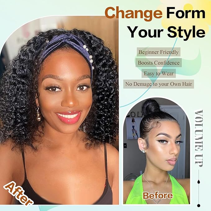 Aisaide Kinky Curly Headband Wig 14 Inch Headband Wigs for Black Women None Lace Front Curly Wave Half Hair Wig Wear and Go Glueless Wig
