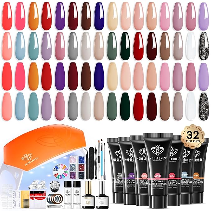 Modelones 133pcs Poly Nail Gel Kit 32 Colors Spring Pink Pastel Poly Extension Gel kit with Nail Lamp Base Top Coat Slip Solution Builder Enhancement Manicure Tools for Starter Supplies