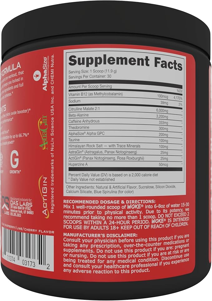 Bucked Up - Woke - HIGH STIM Pre Workout - Best Tasting - Focus Nootropic Pump Strength and Growth 30 Servings (Rocket Pop)