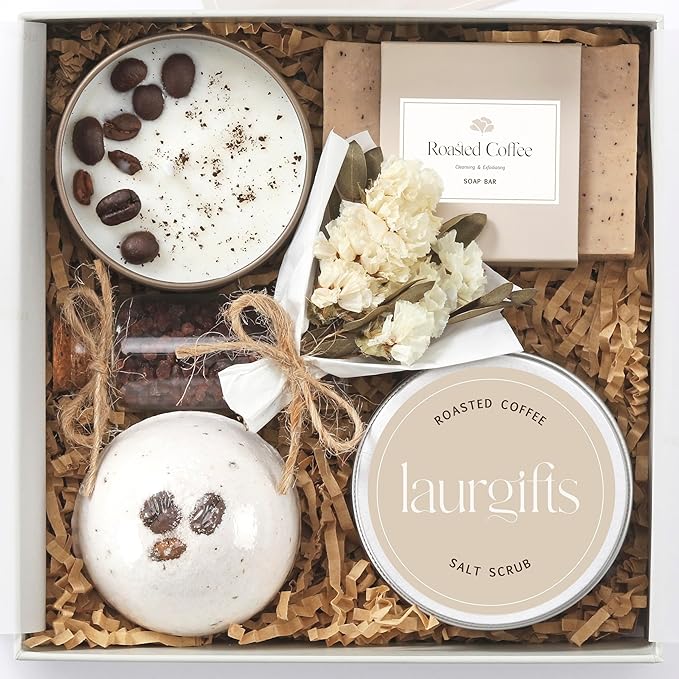 Coffee Spa Box for Women ? Small Relaxing Self Care Basket with Coffee Scented Candle Bath Bomb Soap &amp Salt Scrub ? Thoughtful Birthday Thank You Housewarming or Christmas Gift for Her