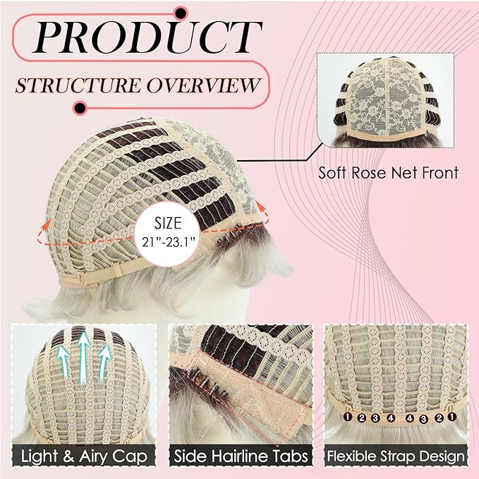WIGYY Silver Grey Pixie Cut Wig for White Women Short Curly Synthetic Wig with Bangs Upgraded Glueless Cap Heat-Resistant Lightweight Wig for Older Women Daily Wear