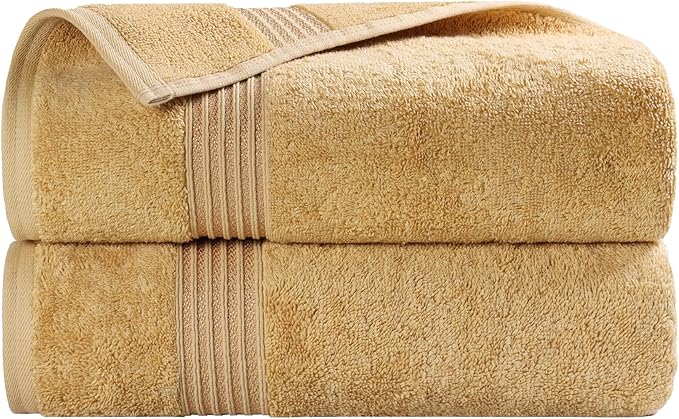 Superior Egyptian Cotton Bath Towel Set Home Bathroom Towels Master Guest Bath Decor Essentials Quick Dry Absorbent Large Body Towels Spa Hotel Resort Adult Kids Set of 2 Gold