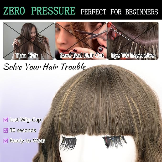 AISI HAIR Synthetic Wavy Curly Bob Wig with Bangs Brown mix Caramel Blonde Short Hair for Women Synthetic Heat Resistant Bob Wigs