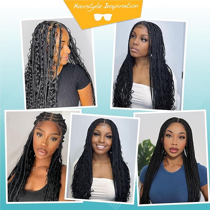 Kalyss HD Full Lace Boho Braided Wigs for Women 360 Lace Front Box Braided Wigs with Baby Hair Black Premium Synthetic Knotless Braid Wig 36