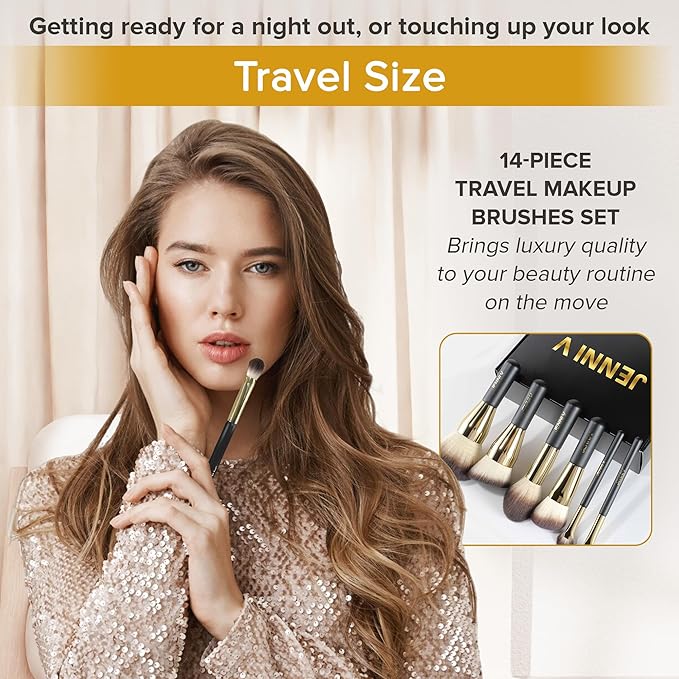 JENNI V Premium Travel Makeup Brushes Set - 14 Pc Mini Makeup Brushes with Handmade Leather Case - Portable Travel Makeup Brush Set with Holder - Travel Size Makeup Products for Blush Foundation