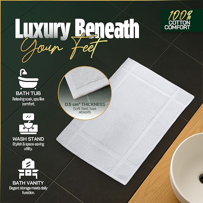 Pearl Linens Pack of 12 100% Cotton Bath Mat 20x30 inches Soft &amp Absorbent Quick Dry Bathroom Mat Set Not Bathroom Rugs After Shower Mat Bath Tub Mat 687 GSM Machine Washable White