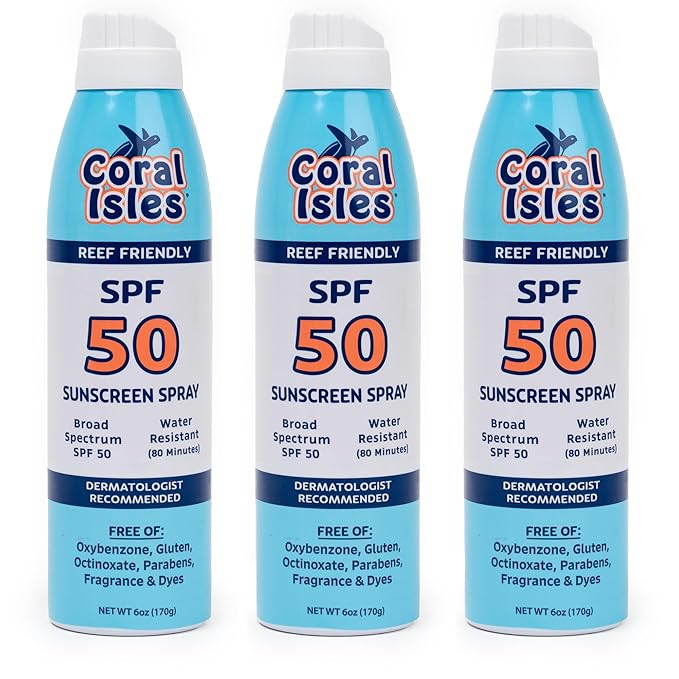 Coral Isles Sunscreen Spray SPF 50 - Hawaii Compliant - Oxybenzone &amp Octinoxate Free - Broad Spectrum - Water Resistant 6 Fl Oz (Pack of 3)